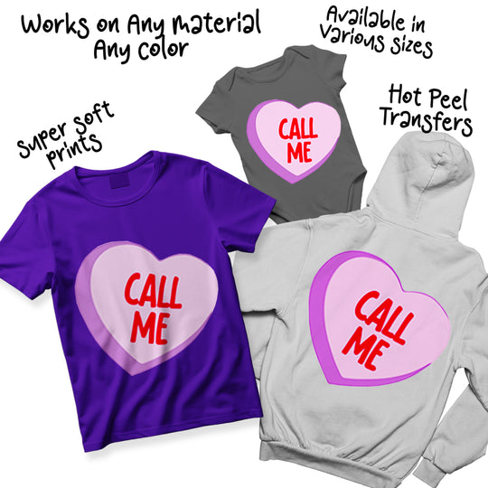 Valentine candy heart DTF transfer showing color variations and sizing options for custom apparel