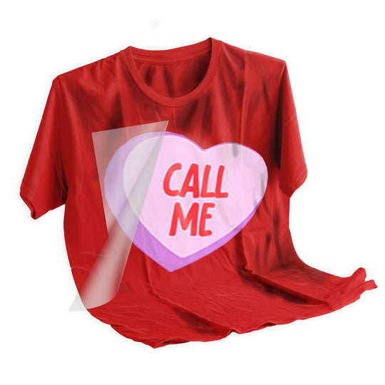 Call Me candy heart DTF transfer applied to pink t-shirt showing finished Valentine's Day design