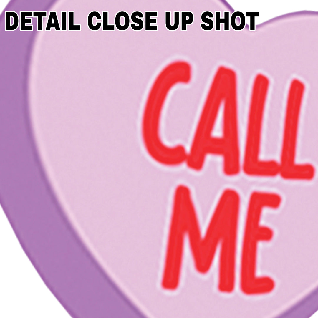 Purple and pink candy heart DTF transfer with red Call Me text on transparent background