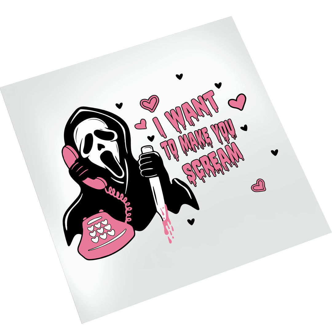 Scream Valentine DTF transfer on white background showing Ghostface horror character with pink accents hearts and romantic horror movie themed message ready to press