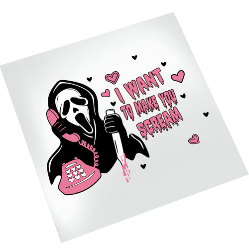 Scream Valentine DTF transfer on white background showing Ghostface horror character with pink accents hearts and romantic horror movie themed message ready to press