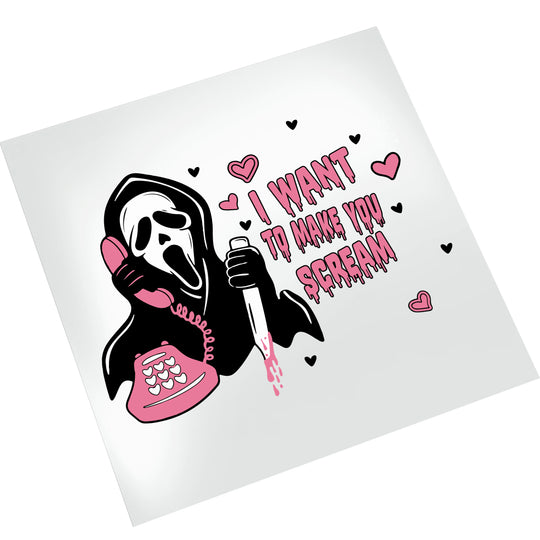 Scream Valentine DTF transfer on white background showing Ghostface horror character with pink accents hearts and romantic horror movie themed message ready to press