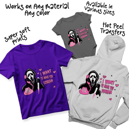 Multiple color variations of Valentine Scream DTF transfer showing different background options for Ghostface romance design with pink hearts and phone