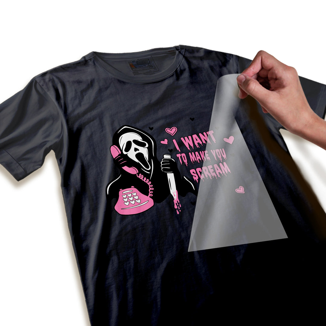 Close-up detail of Valentine Scream DTF transfer showing high-quality print resolution of Ghostface mask pink hearts and romantic horror movie text design