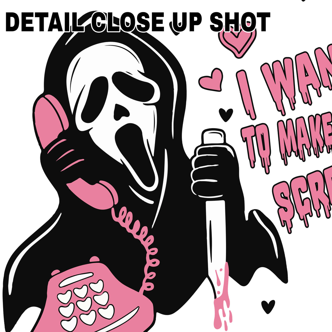 Valentine's Day DTF transfer design featuring Scream Ghostface character holding pink retro phone with knife and surrounded by pink hearts with text I Want To Make You Scream