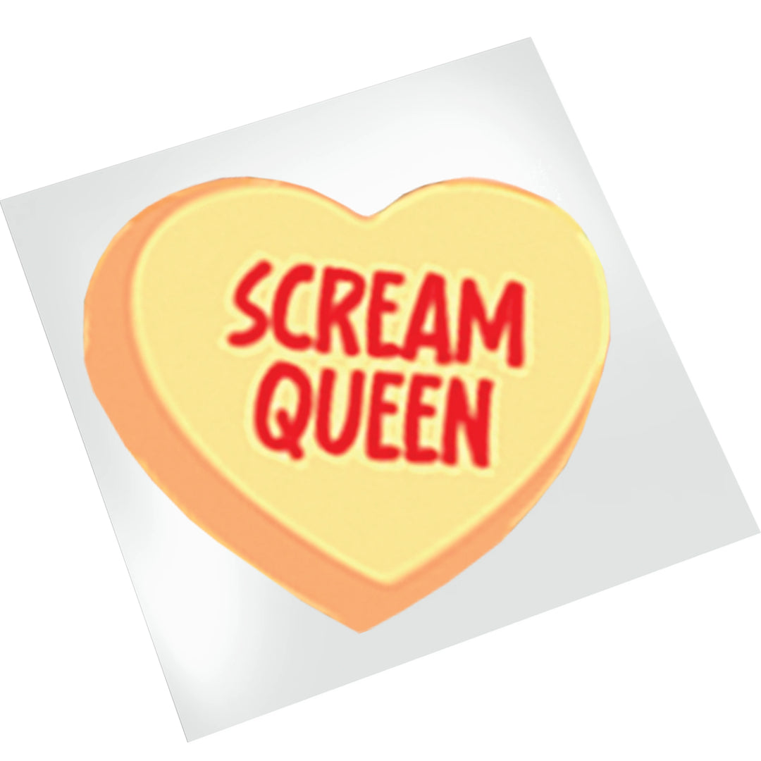 Scream Queen candy heart DTF transfer displayed on white background showing dimensional heart shape with red lettering