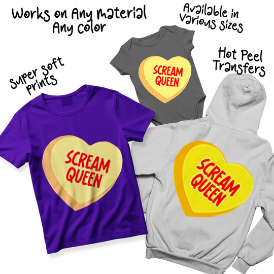 Multiple color variations of Scream Queen candy heart DTF transfers showing different heart and text color combinations