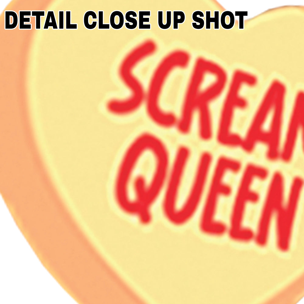 Yellow and orange candy heart shaped DTF transfer with red text reading Scream Queen in bold letters