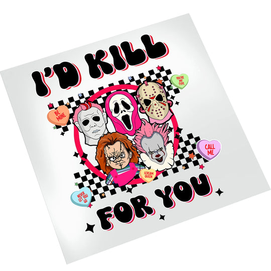 Horror killers Valentine DTF transfer on white background showing detailed cartoon-style artwork with checkered border and candy heart elements