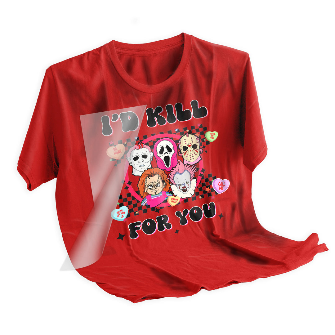 Valentine horror killers DTF transfer applied to black t-shirt showing final pressed result with vibrant colors and clear details