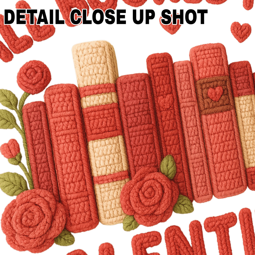 Valentine's Day DTF transfer design featuring red yarn-textured books with 'All Booked for Valentines' text and decorative roses