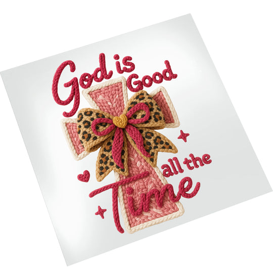 Faith-based DTF transfer with God Is Good text and dimensional cross design shown on white shirt mockup with yarn texture effects