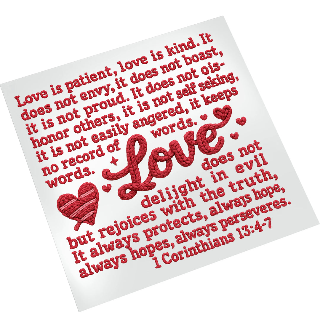 Love Is Patient scripture DTF transfer displayed on white t-shirt mockup showing red textured biblical text design for Valentine's Day custom apparel