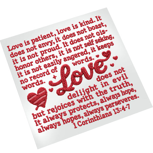 Love Is Patient scripture DTF transfer displayed on white t-shirt mockup showing red textured biblical text design for Valentine's Day custom apparel