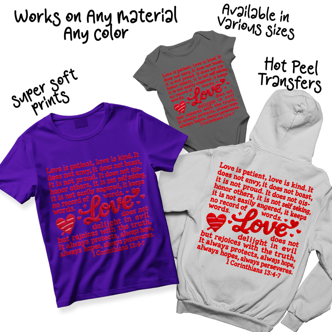 Multiple color variations of Love Is Patient scripture DTF transfer showing different color options for the biblical Valentine's Day design