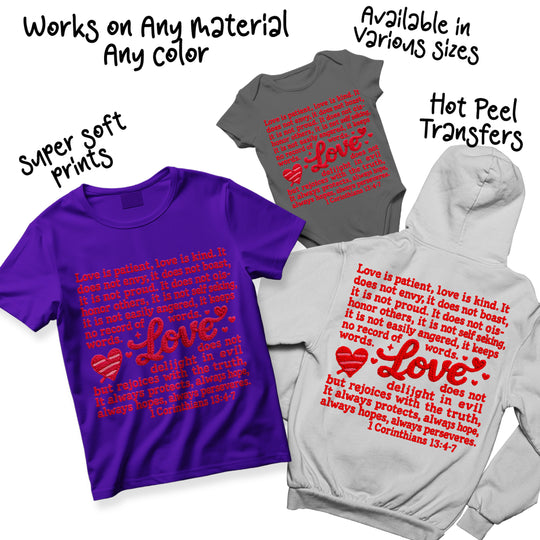 Multiple color variations of Love Is Patient scripture DTF transfer showing different color options for the biblical Valentine's Day design