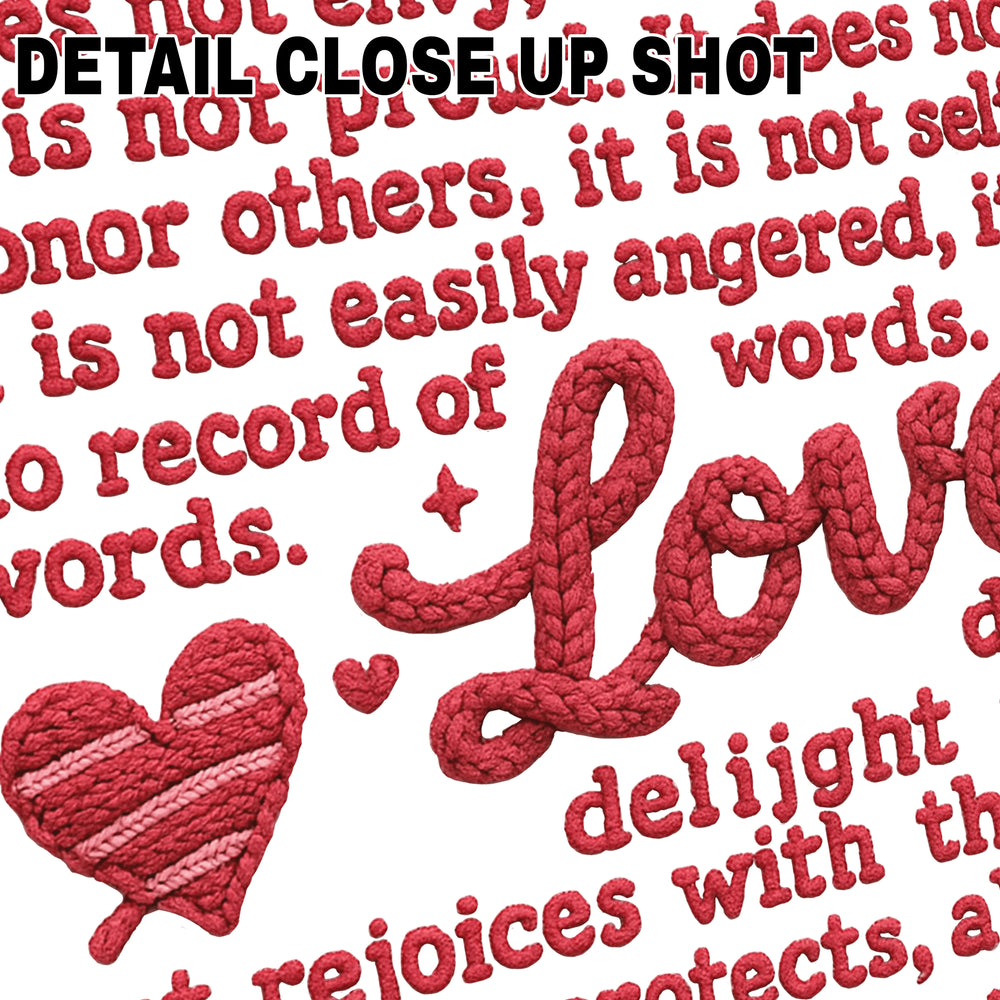 Valentine DTF transfer featuring Love Is Patient scripture from 1 Corinthians 13:4-7 in red textured lettering with decorative hearts on white background