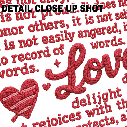 Valentine DTF transfer featuring Love Is Patient scripture from 1 Corinthians 13:4-7 in red textured lettering with decorative hearts on white background