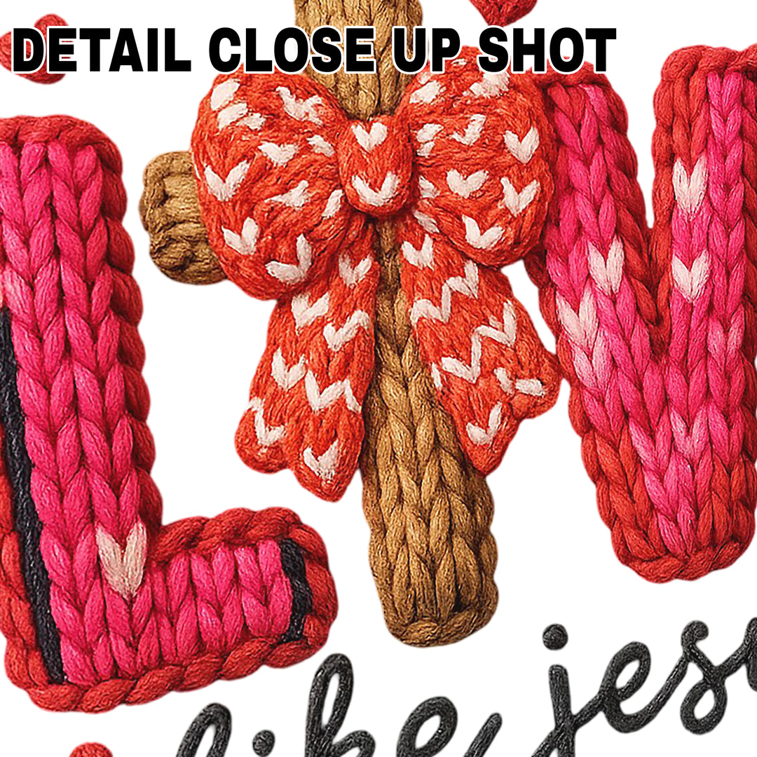 Love Like Jesus Valentine DTF transfer design with knitted yarn texture in pink and red colors on white background