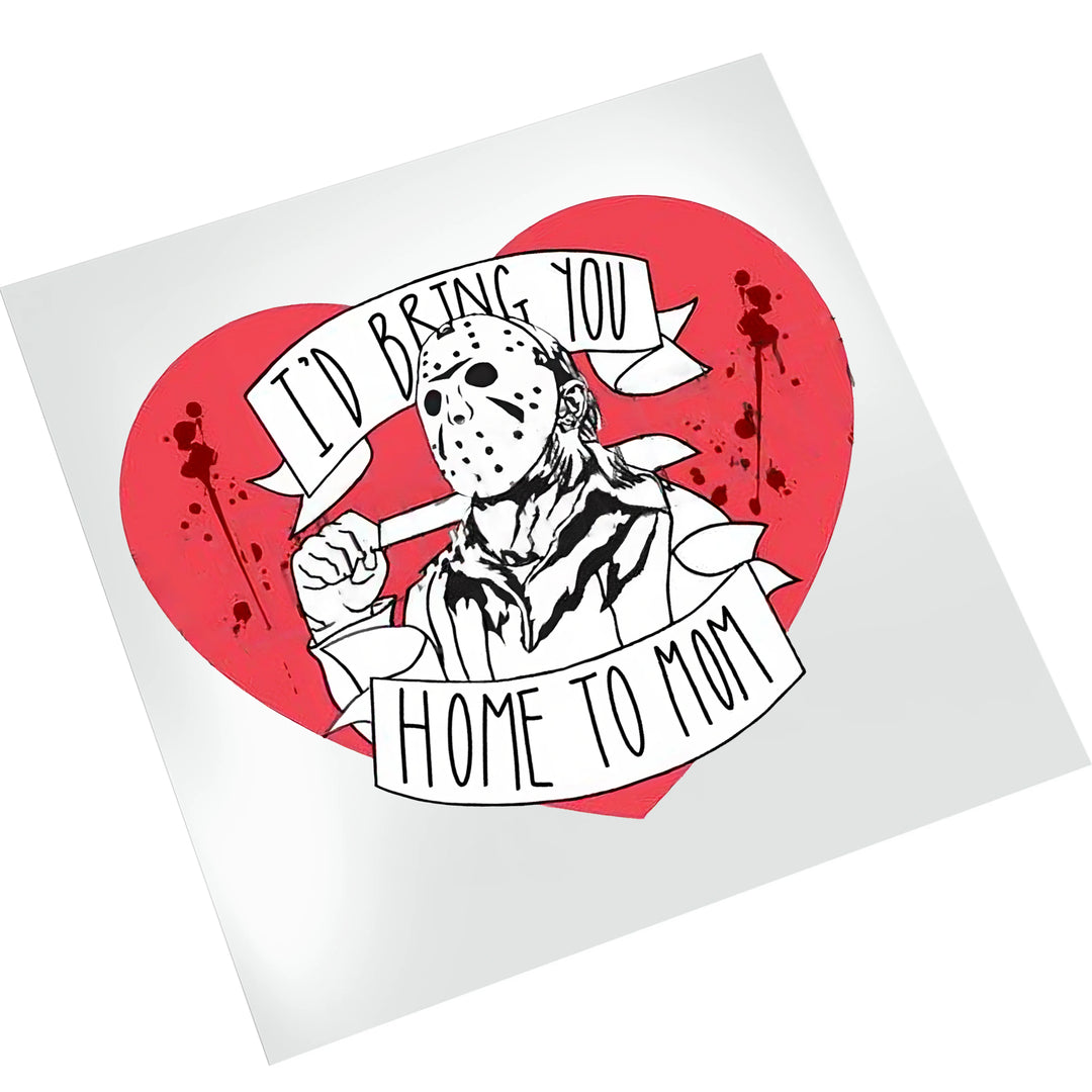 Valentine horror DTF transfer on white background featuring Jason mask character with love hearts and romantic text for heat press application