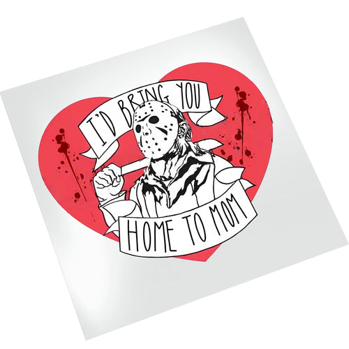 Valentine horror DTF transfer on white background featuring Jason mask character with love hearts and romantic text for heat press application