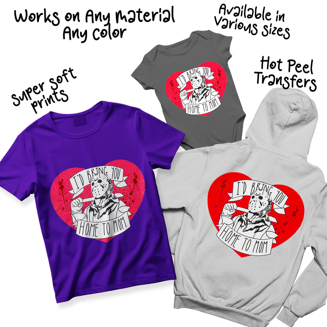 Multi-color Valentine Jason mask DTF transfer showing red heart background with black line art horror romance design variations