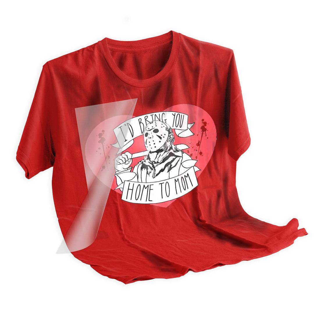 Applied Valentine Jason DTF transfer on dark t-shirt showing horror romance design with red hearts and vintage comic style artwork