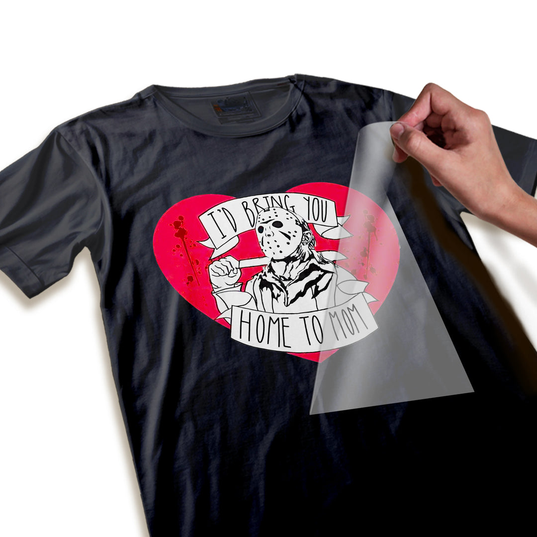 Close-up detail of Valentine Jason mask DTF transfer showing high-quality line art, red heart background, and romantic banner text ready to press