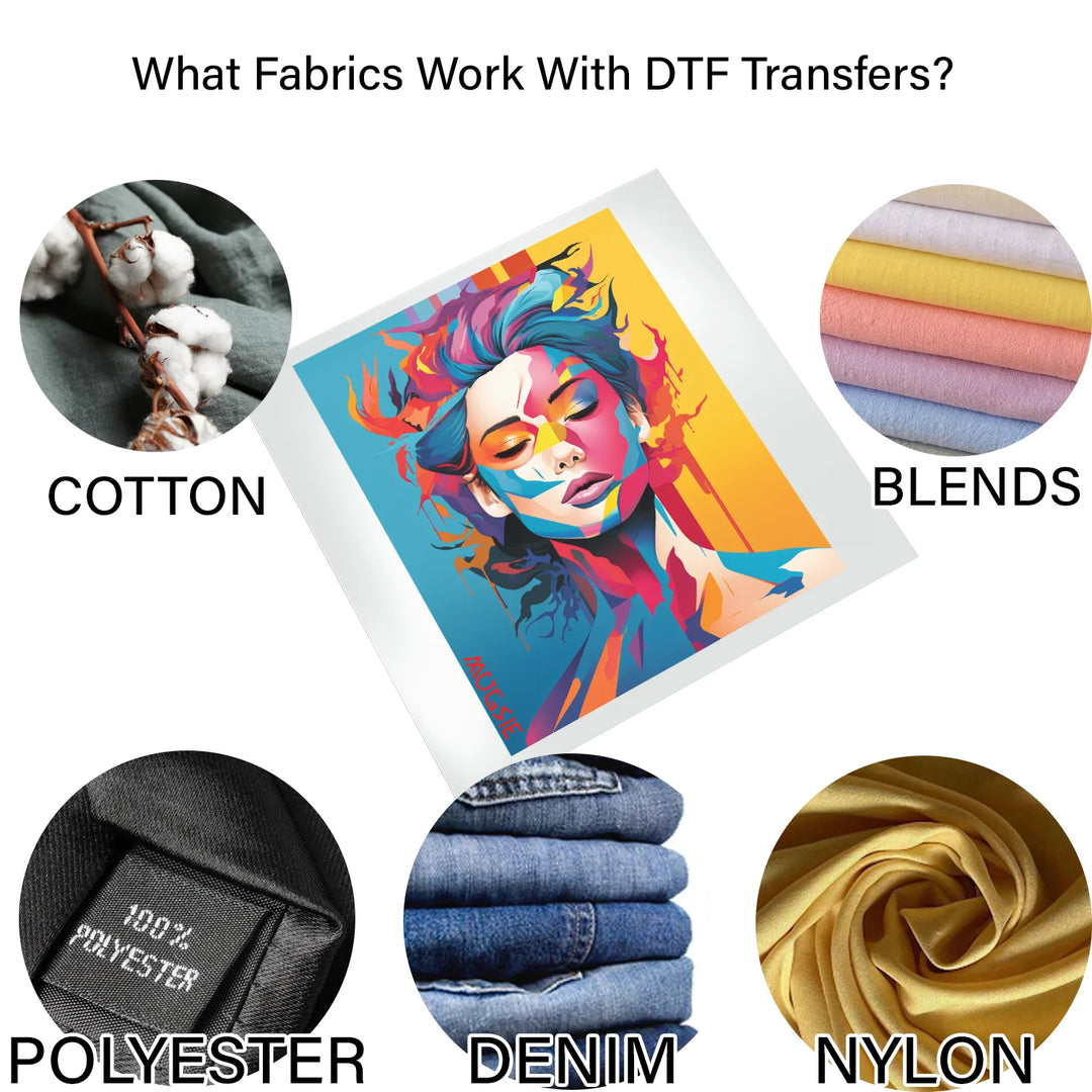 Free DTF fabric compatibility guide showing cotton, polyester blends, denim and nylon fabric swatches surrounding a full colour Mugsie DTF transfer sheet