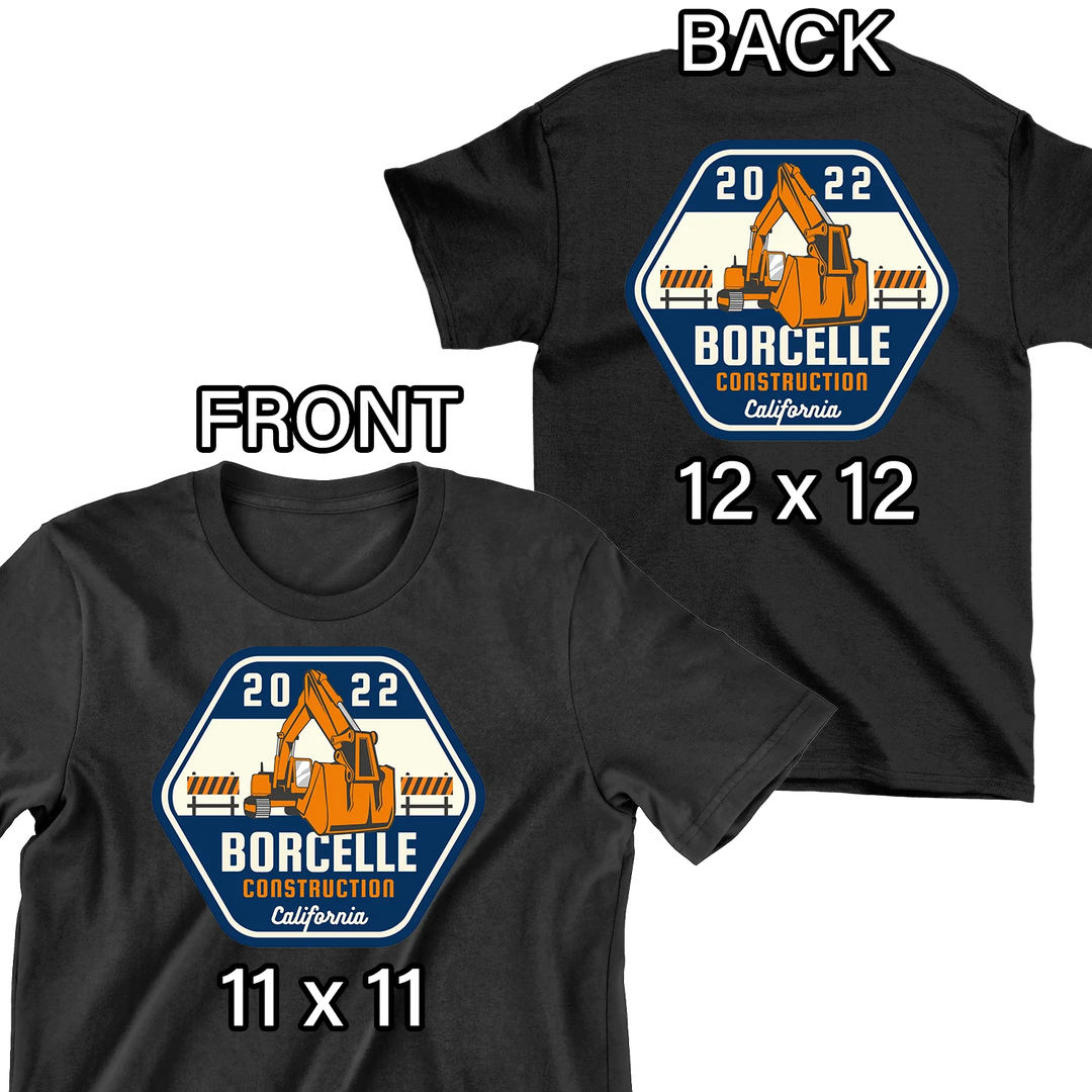Black t-shirt mockup showing front 11x11 and back 12x12 logo placement with construction company excavator design - custom DTF transfer sizing guide by Mugsie