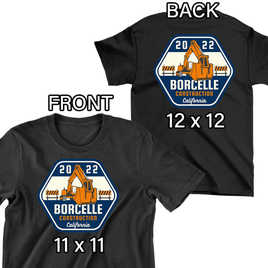Black t-shirt mockup showing front 11x11 and back 12x12 logo placement with construction company excavator design - custom DTF transfer sizing guide by Mugsie
