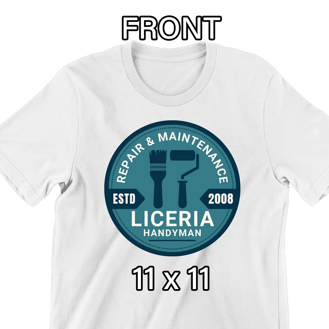White t-shirt mockup showing 11x11 front chest logo placement with handyman repair company design - custom DTF transfer sizing guide by Mugsie