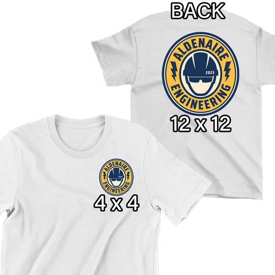 White t-shirt mockup showing 4x4 pocket and 12x12 back logo placement with engineering company hard hat design - custom DTF transfer sizing guide by Mugsie