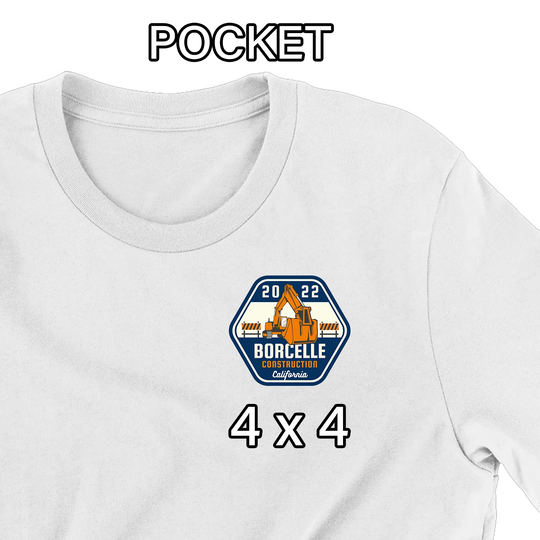 White t-shirt mockup showing 4x4 pocket logo placement with construction company excavator design - custom DTF transfer sizing guide by Mugsie