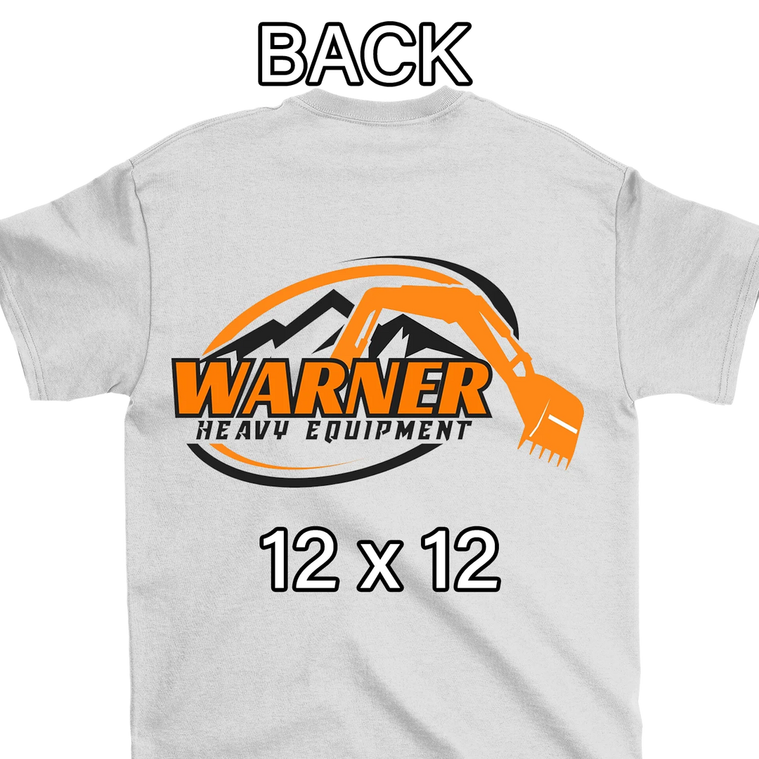 White t-shirt back logo placement with contruction company design - custom DTF transfer sizing guide by Mugsie