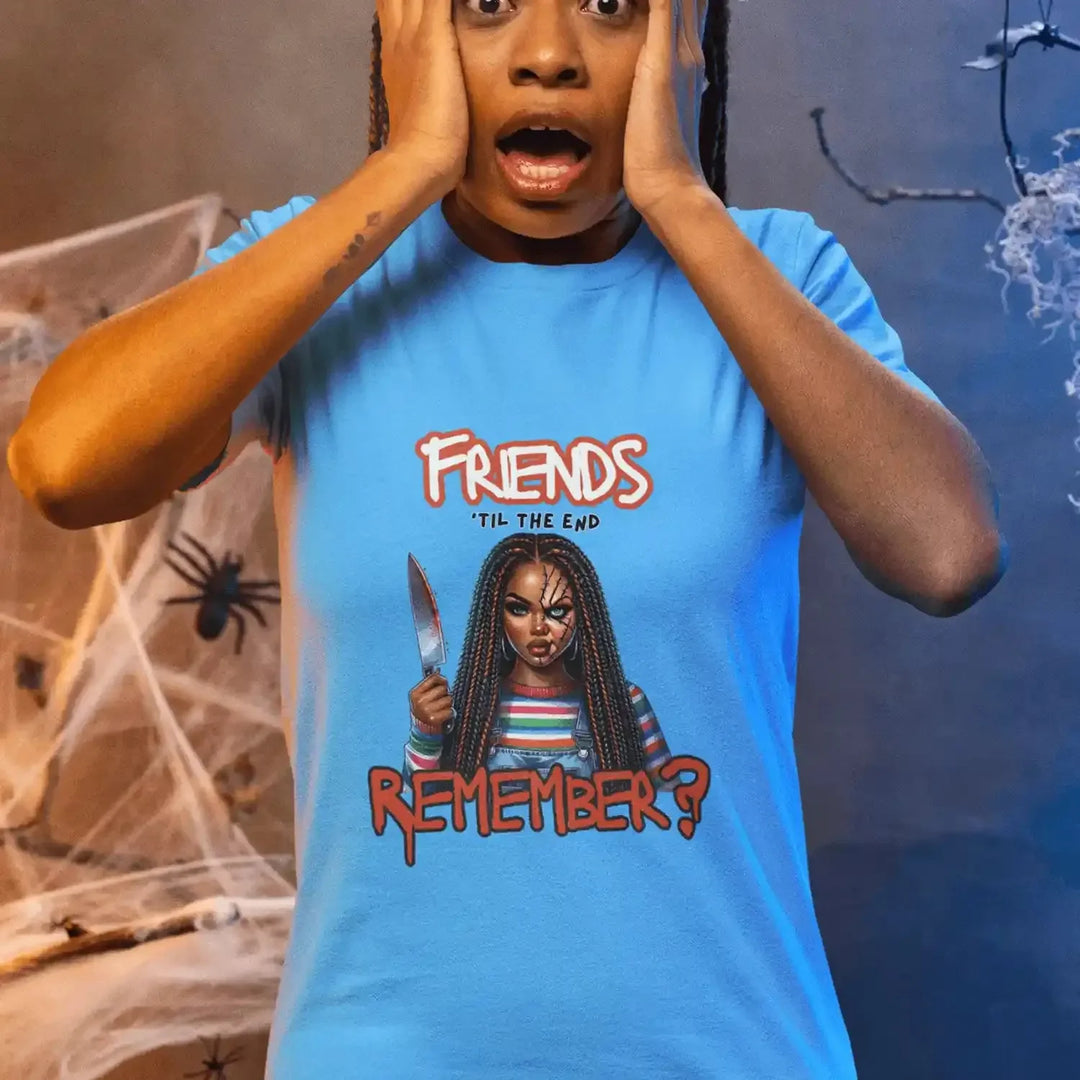 Woman wearing a blue shirt featuring a Friends Remember DTF transfer. Perfect for custom, ready-to-press designs that celebrate friendship and nostalgia.







