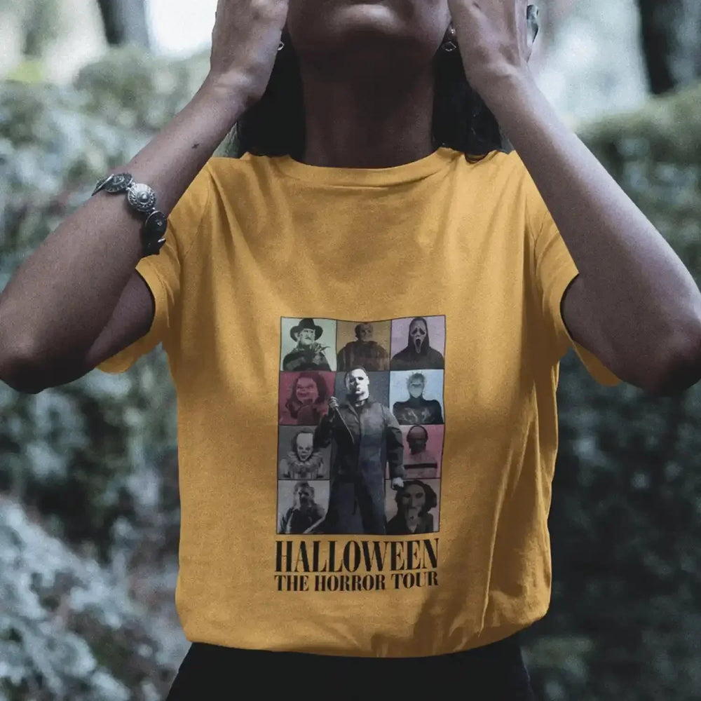 Woman wearing a yellow shirt featuring a Halloween Tour DTF transfer. Perfect for custom, ready-to-press spooky season apparel.







