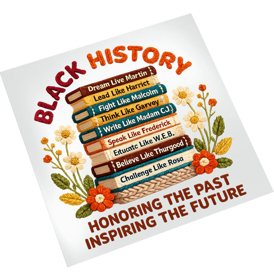 Black History book stack DTF transfer on white background showing dimensional textured design with floral embellishments and educational theme