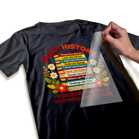 Close-up detail shot of Black History DTF transfer showing textured yarn-like appearance of book spines and dimensional floral elements