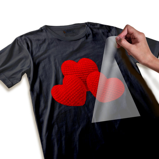 Close-up detail of knitted yarn hearts DTF transfer showing realistic stitching texture and dimensional appearance