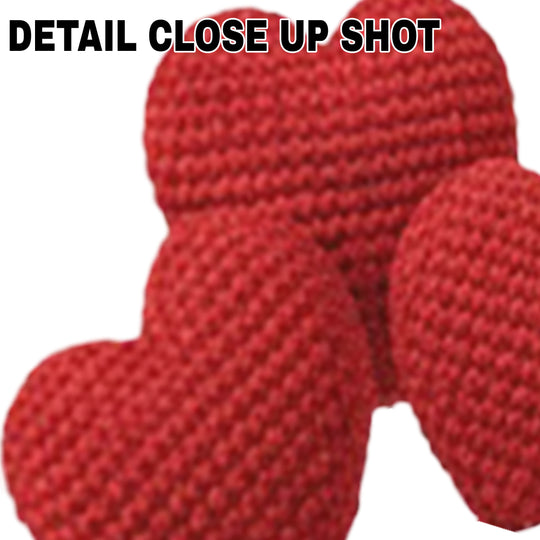 Three red knitted yarn hearts DTF transfer design with realistic crochet texture on white background