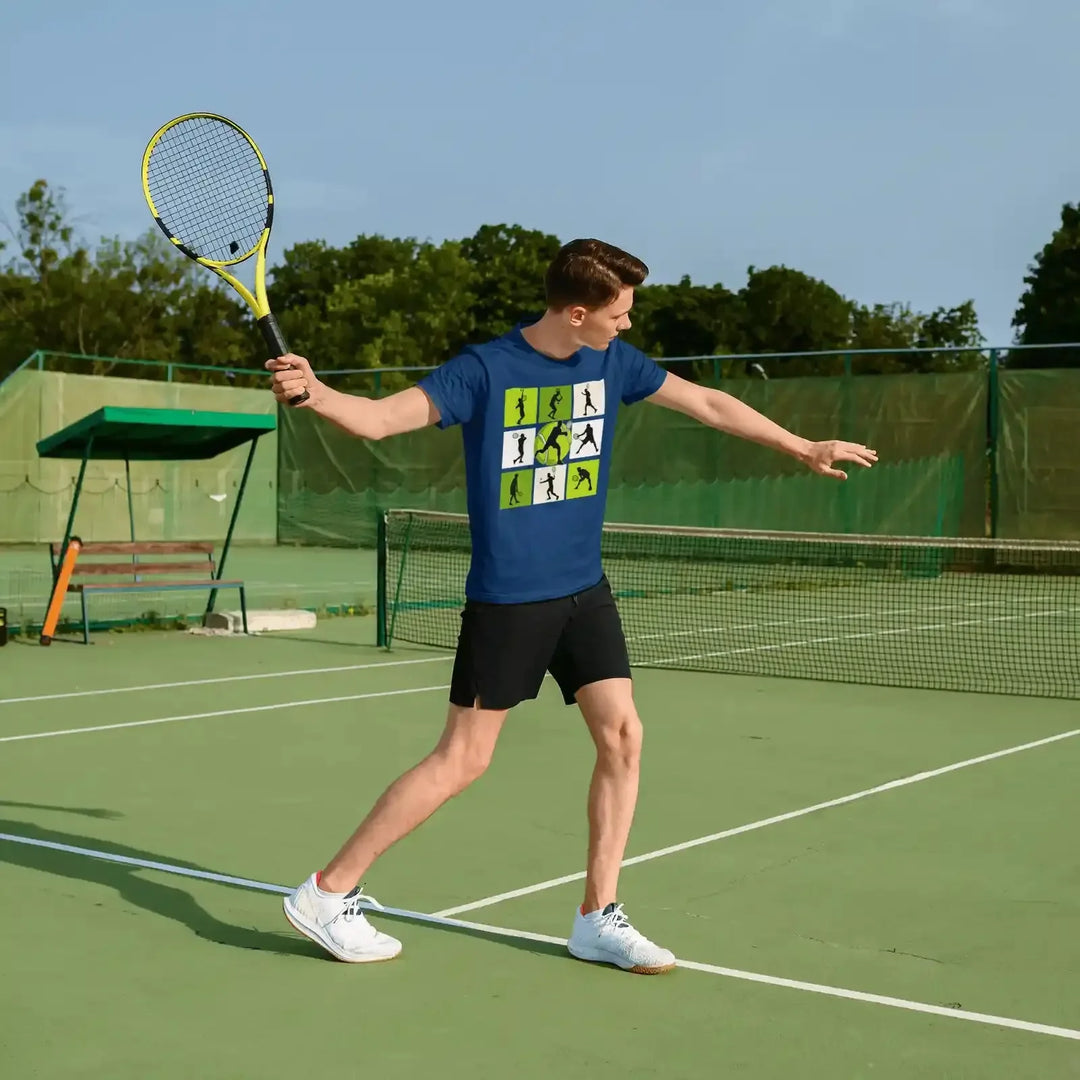 Young man wearing a blue shirt featuring a Tennis Action DTF transfer, capturing the energy of the sport.