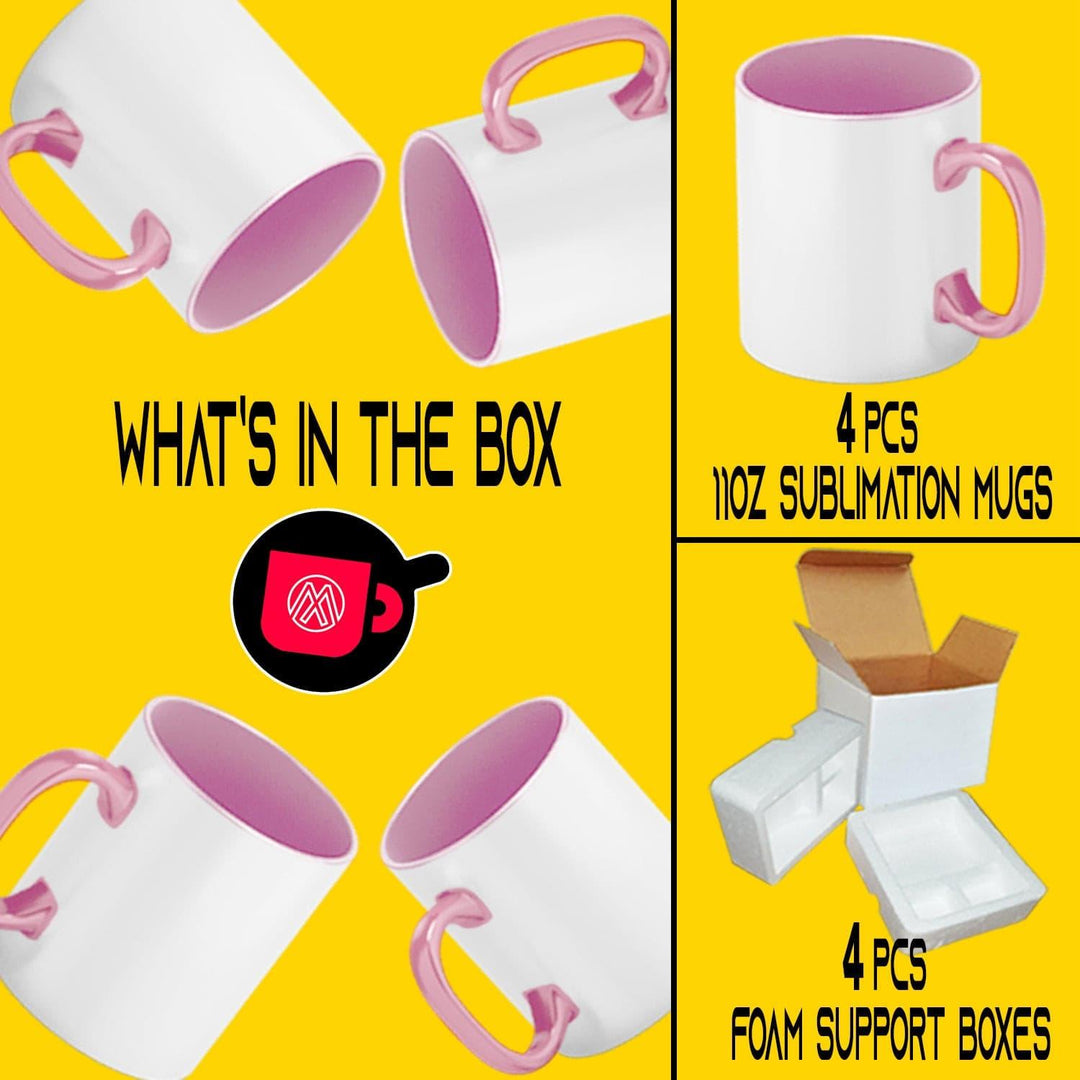 4-Pack 11oz Pink Inner Handle Sublimation Mugs with Foam Shipping Box - Mugsie
