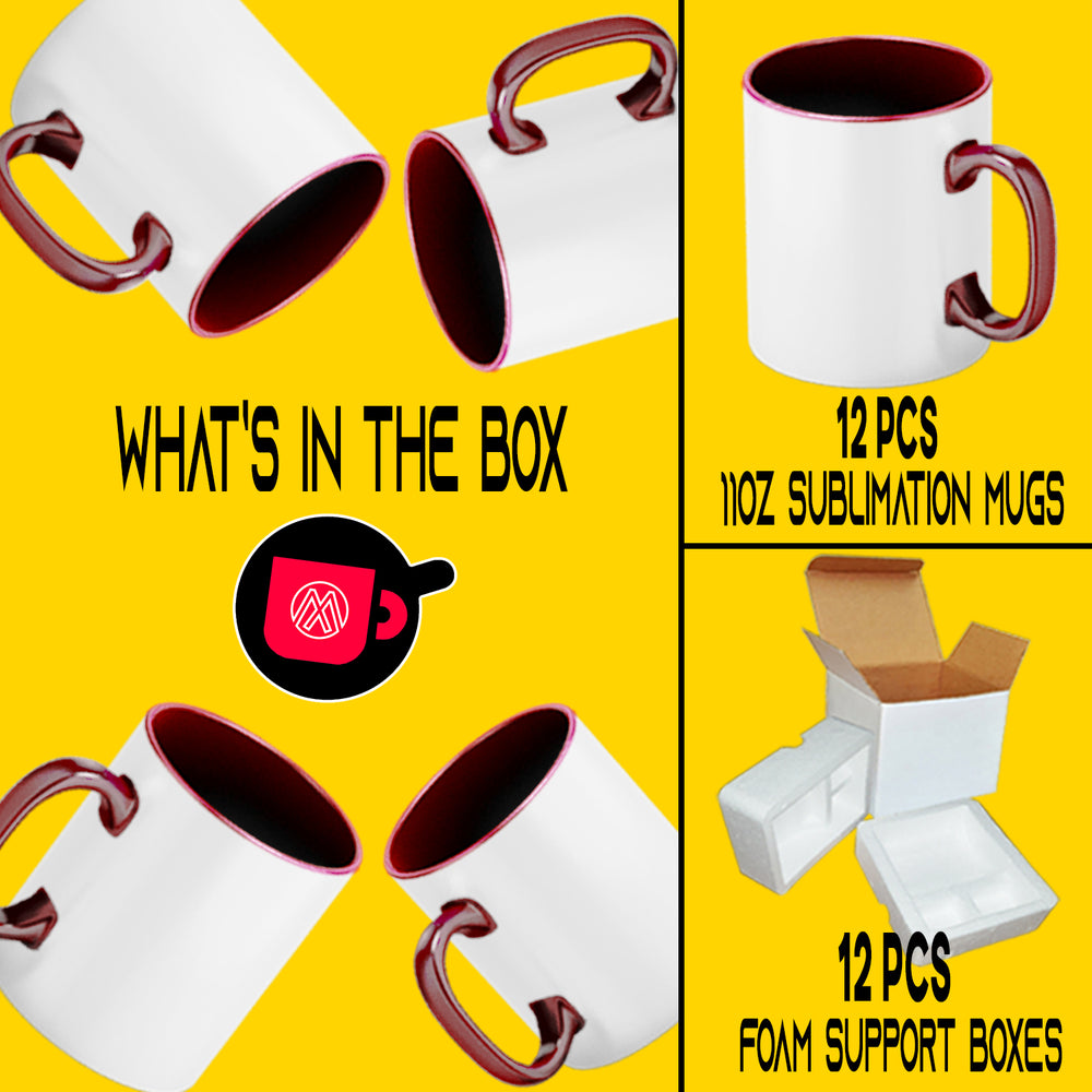 Case of 12 - 11 oz Sublimation Coffee Mugs with DARK RED Color Inside/Handle - Includes Foam Supports Mug Shipping Boxes.