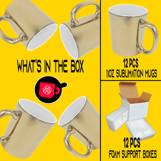 12 Pack of 11oz Metallic Gold Sublimation Mug Coated Ceramic Mugs - Professional Grade with Foam Mug Shipping Supports.