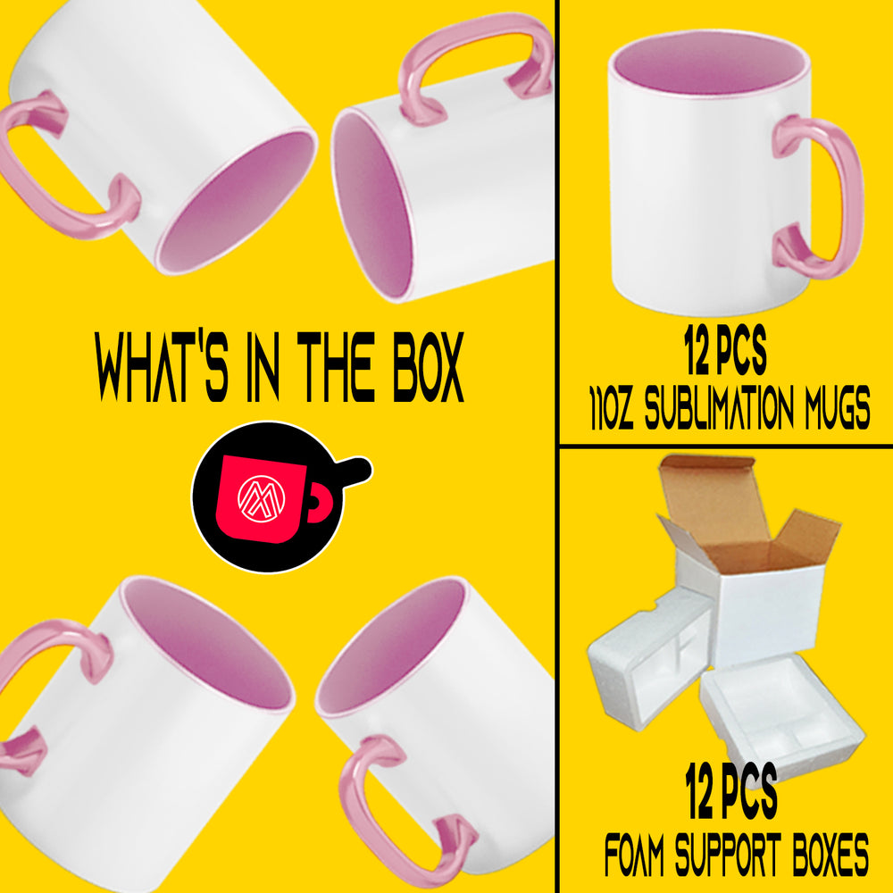 12-Pack of 11oz Pink Inside & Handle Sublimation Mugs with Foam Support Boxes for Shipping.