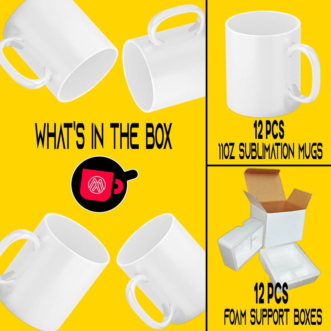 Case of 12 11oz Sublimation Coffee Mugs - Includes Foam Supports & Mug Shipping Boxes.