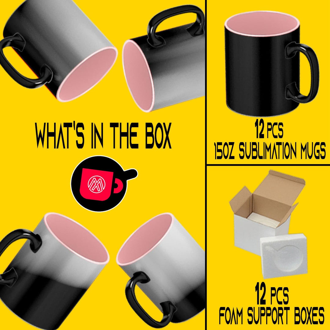 12 Pack of 15oz Color Changing Sublimation Mugs with Pink Inner - Includes Foam Support Mug Shipping Boxes.