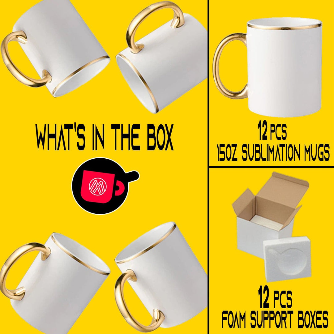 12 Pcs 15oz Gold Rim and Handle Sublimation Mugs | Includes Foam Support Mug Shipping Boxes.