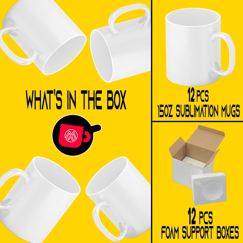 Case of 12 15 oz White Sublimation Mugs - Includes Foam Supports Mug Shipping Boxes.